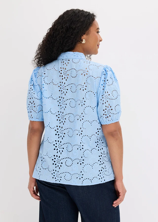 Blouse van puur katoen met broderie anglaise, Kleur: lichtblauw