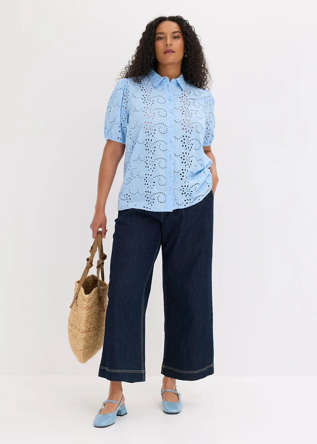 Blouse van puur katoen met broderie anglaise, Kleur: lichtblauw
