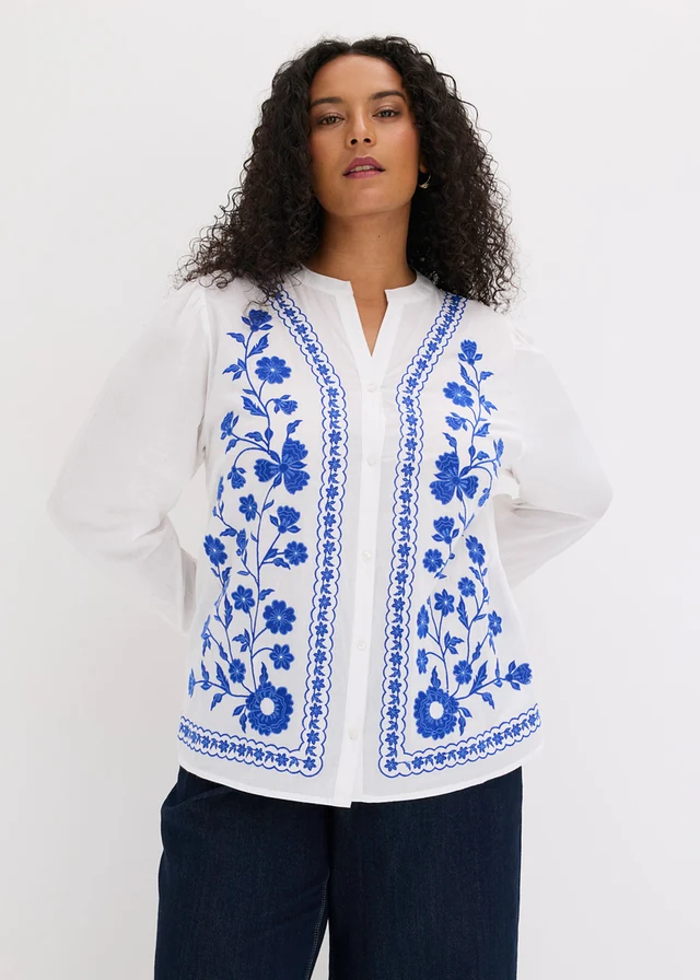 Blouse van puur katoen met borduursel, Kleur: wit-blauw gebloemd