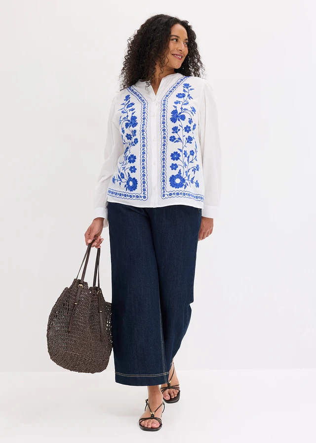 Blouse brodée 100% coton, Couleur: blanc/bleu floral