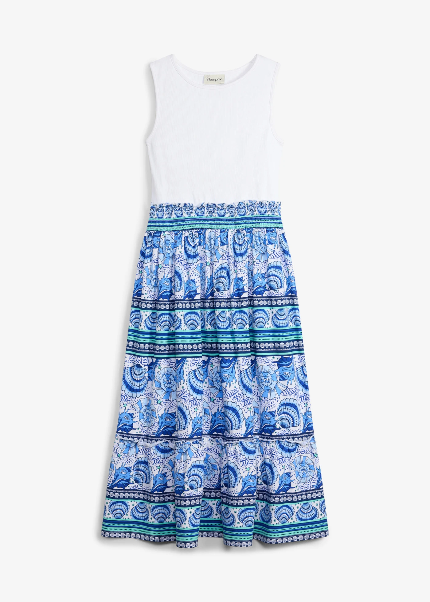 Rochie din jerse cu aspect 2 în 1 • alb-albastru cobalt cu imprimeu • magazin bonprix