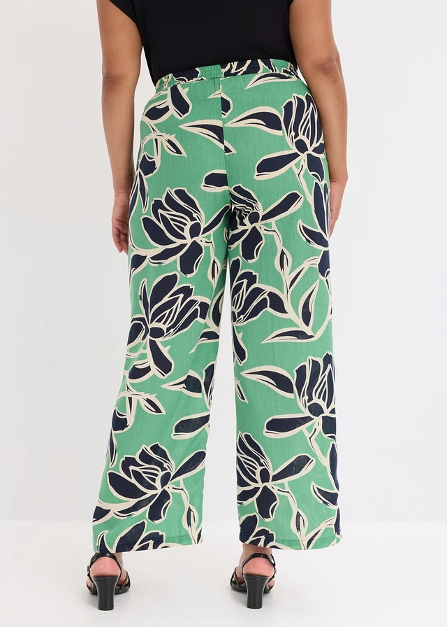 Pantalon palazzo, aspect lin, Couleur: vert opale-bleu foncé-beige floral