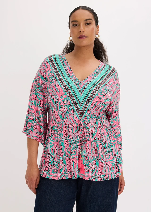 T-shirt tunique doux en viscose extensible, Couleur: rose vif-turquoise imprimé