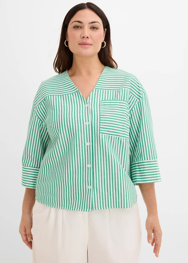 Gestreepte blouse van puur katoen, Kleur: edelsteengroen/wolwit gestreept
