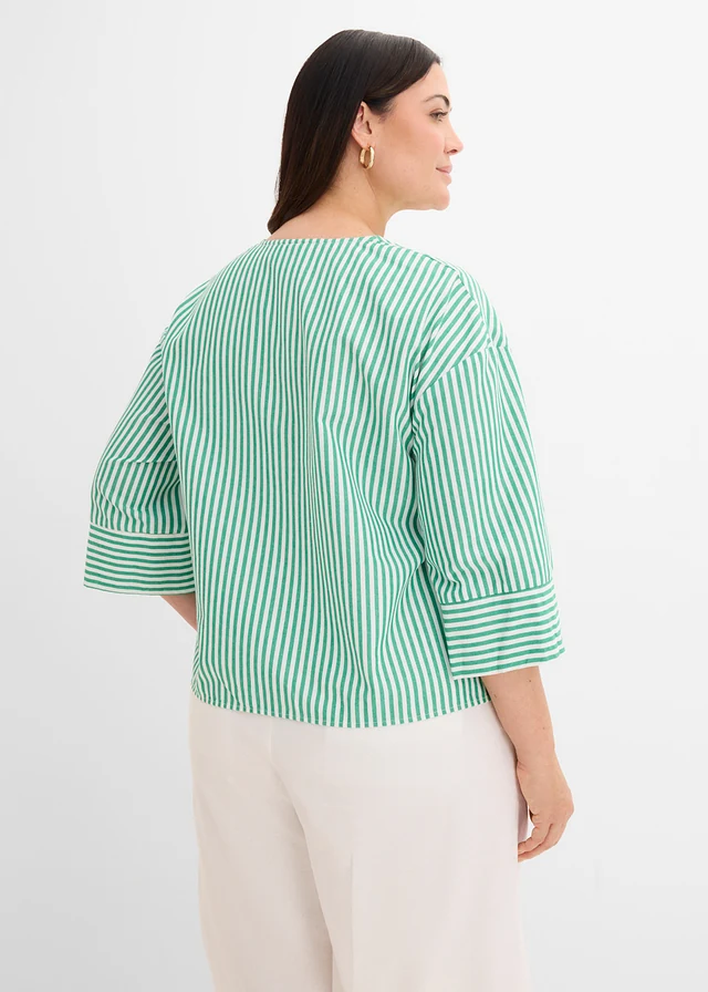 Blouse rayée 100% coton, Couleur: vert aventurine-écru rayé