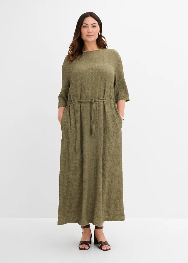 Robe midi en matière texturée, Couleur: olive