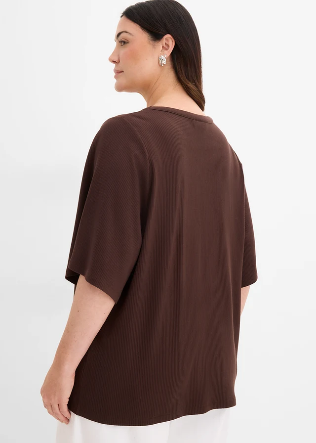 Geribd shirt in een viscosemix, Kleur: donkerbruin