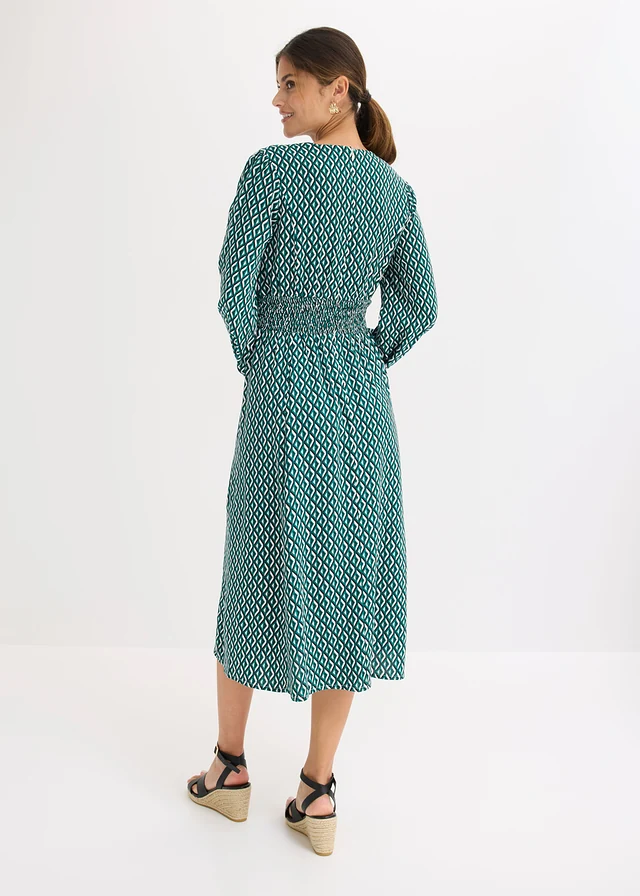 Midi jurk van soepele viscose, Kleur: diepgroen/zwart met print