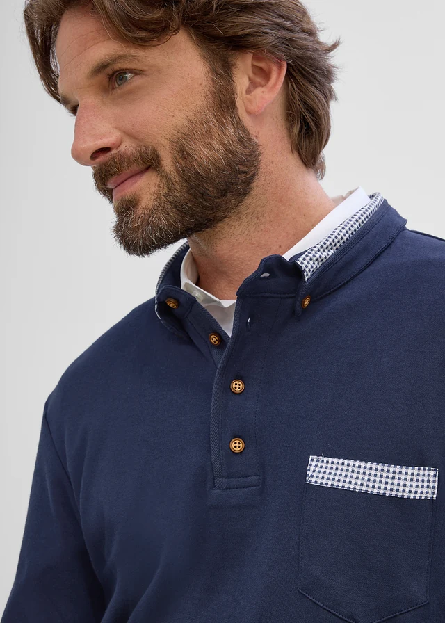 Polo 100% coton à détails à carreaux • bleu foncé • Boutique bonprix
