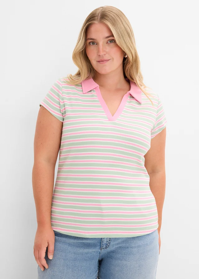 Geribd poloshirt van puur biologisch katoen, Kleur: mint/roze/wolwit horizontaal gestreept