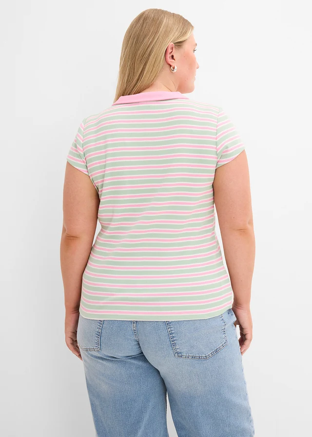 Geribd poloshirt van puur biologisch katoen, Kleur: mint/roze/wolwit horizontaal gestreept