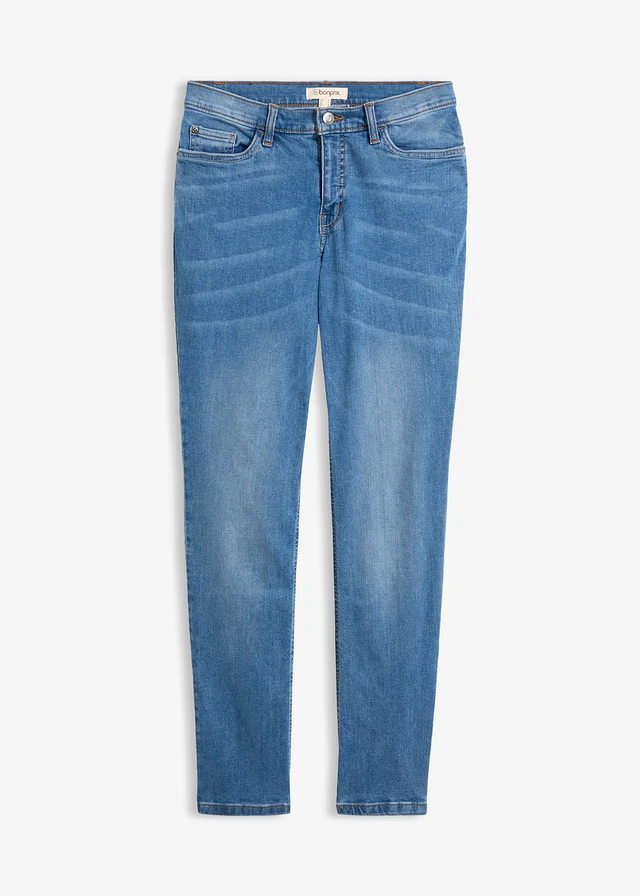 Straight stretch jeans, mid waist, Kleur: blauw denim