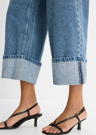 Jeansy wide leg, mid waist, cropped • niebieski denim "used" • sklep bonprix