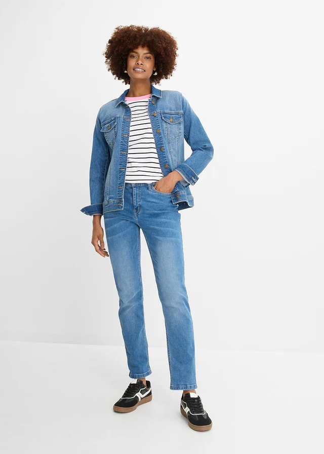 Jean droit taille mi-haute, extensible, Couleur: bleu denim
