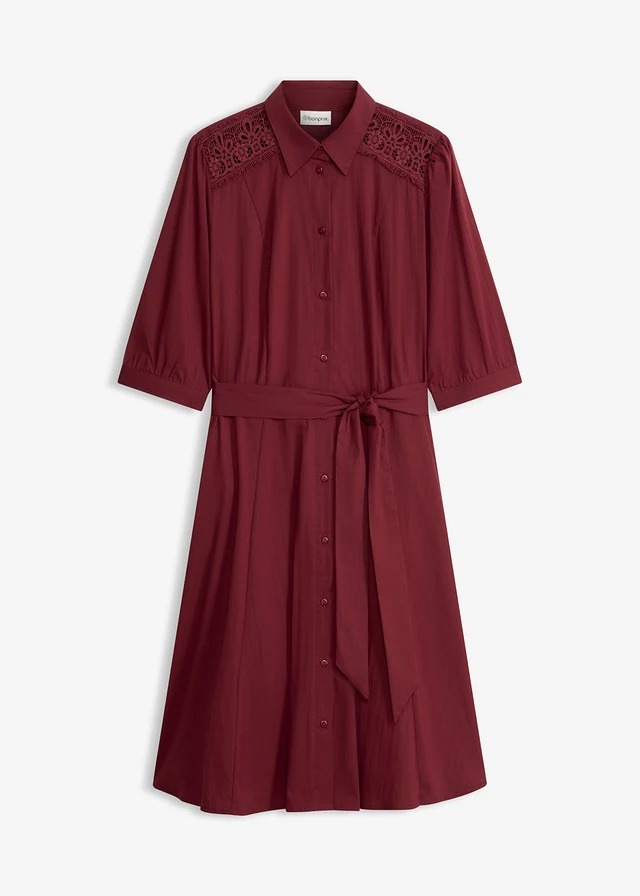 Rochie tip cămașă cu dantelă și cordon • roșu arțar • magazin bonprix
