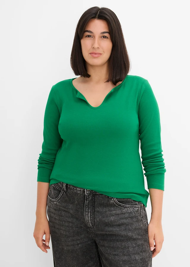 Kort geribd shirt met biologisch katoen, Kleur: intensief groen
