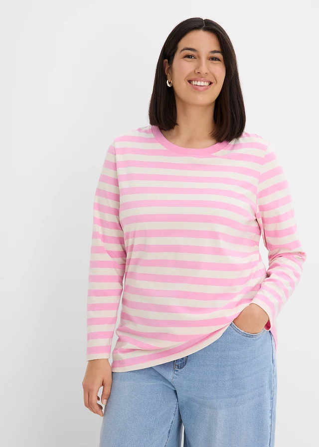 T-shirt rayé 100% coton, Couleur: rose-écru rayé