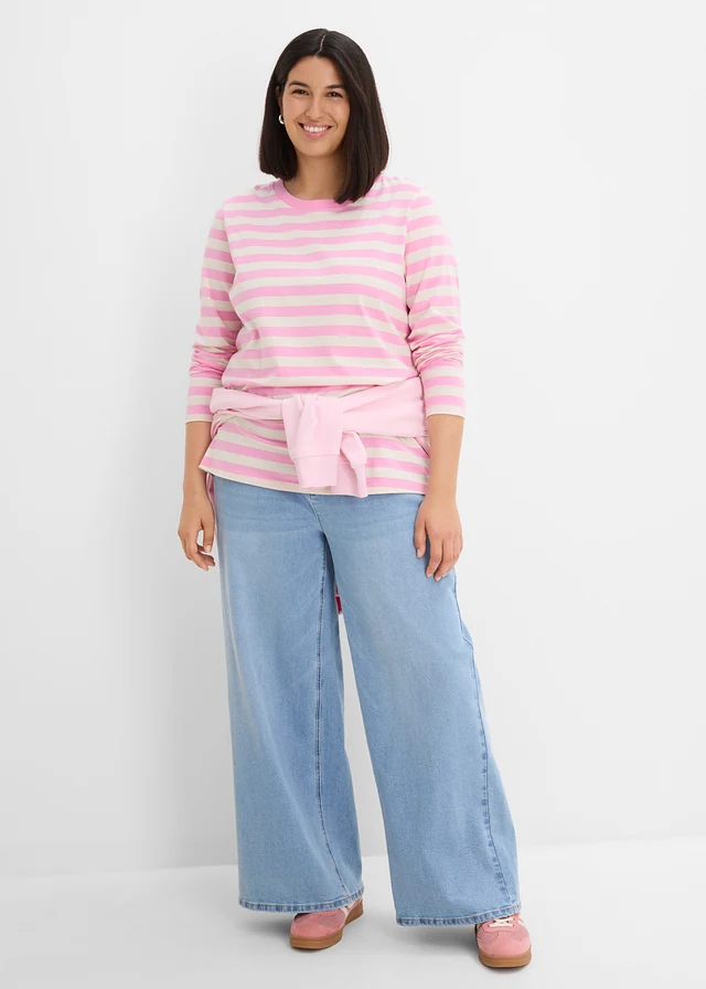T-shirt rayé 100% coton, Couleur: rose-écru rayé
