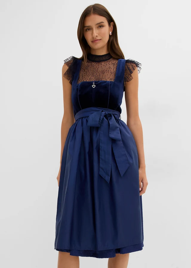 Dirndl met fluweel in midi lengte (2-dlg. set), Kleur: donkerblauw