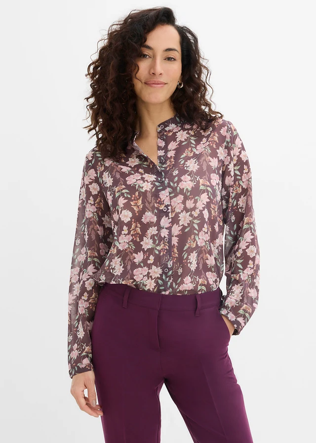 Chemisier en mousseline, Couleur: marron chocolat floral