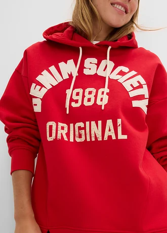 Bluza oversize z kapturem, z czystej bawełny • czerwona salsa-jasny piaskowy z nadrukiem • sklep bonprix