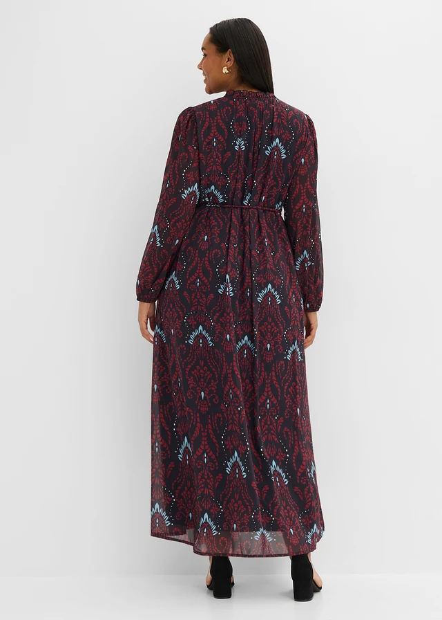 Chiffonjurk met wijde pasvorm, Kleur: zwart met print