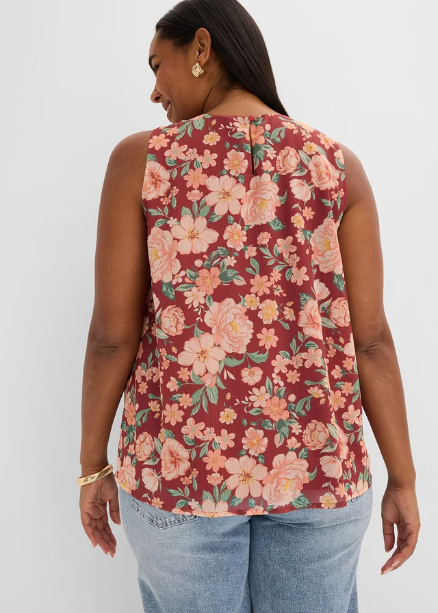 Blousetop van chiffon, Kleur: mahonierood gebloemd