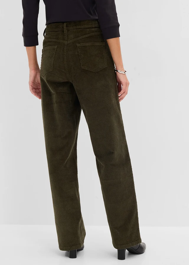 Corduroy broek met wijd uitlopende pijpen, Kleur: donkerolijfgroen