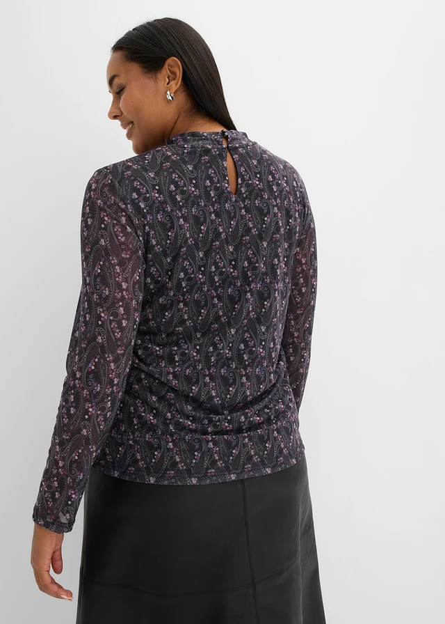 Longsleeve van fijne mesh, Kleur: zwart paisley