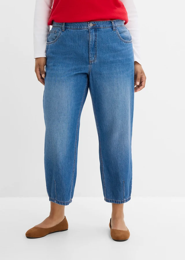 Barrel jeans mid waist cropped, Kleur: blauw denim used