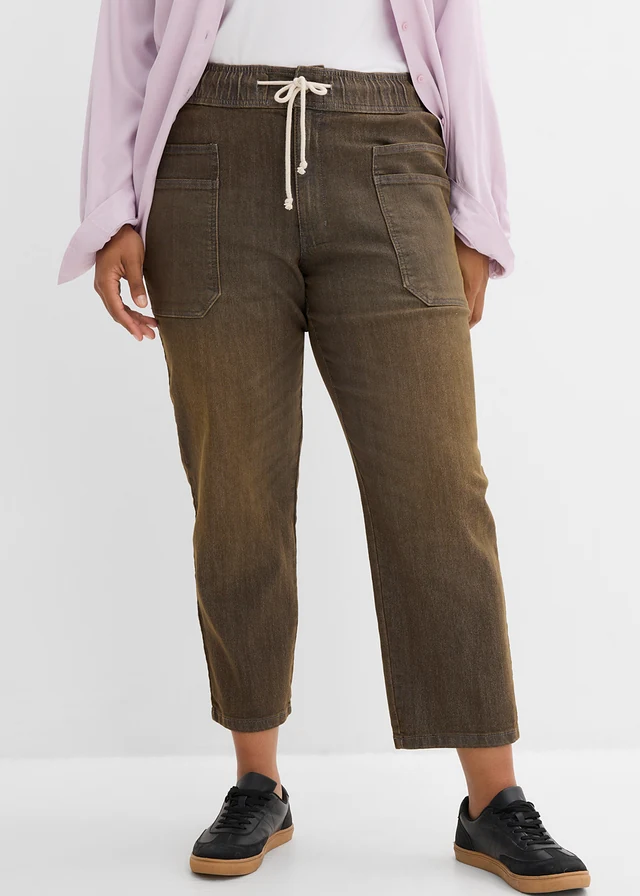 Jean droit raccourci, taille haute, Couleur: gris denim-acajou foncé used
