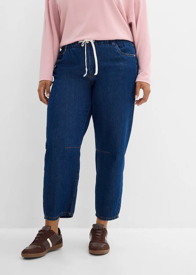 Barrel jeans, mid waist, cropped, Kleur: diepblauw denim ongewassen-cognacgoud