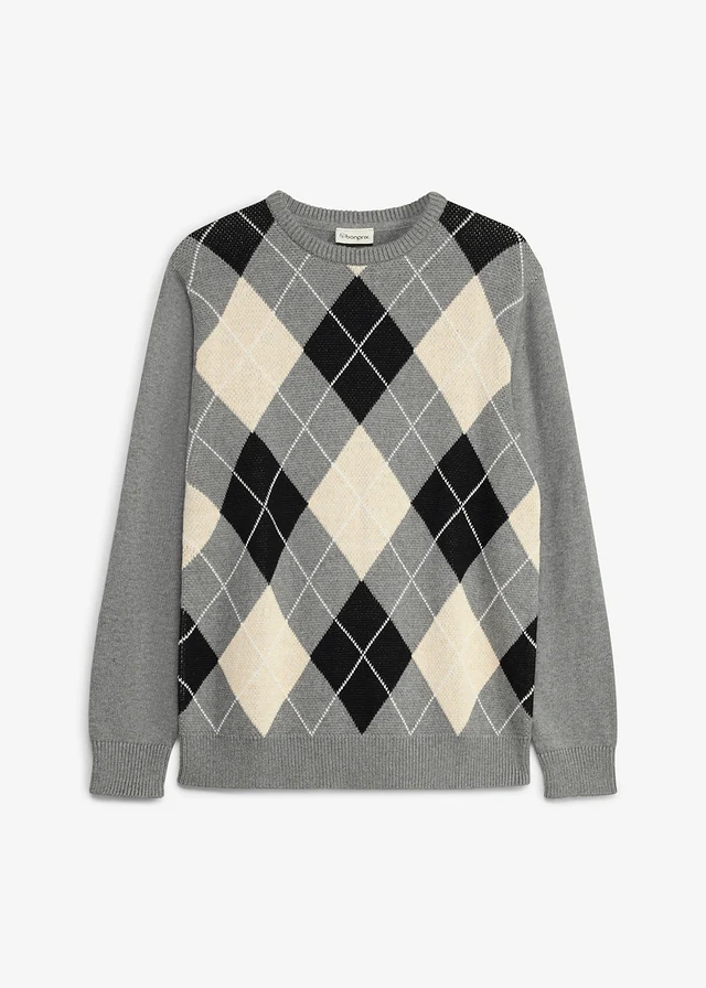 Pull 100% coton, Couleur: bleu foncé-écru chiné-blanc cassé-prune foncé carreaux