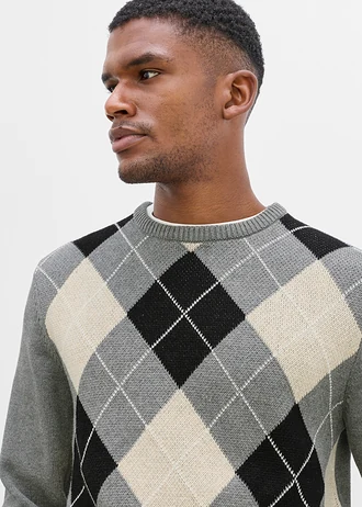 Sweter z czystej bawełny • szary melanż/naturalny melanż/czarny w kratę • sklep bonprix