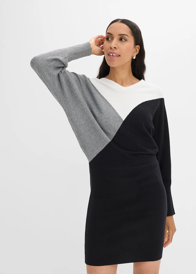 Gebreide jurk met vleermuismouwen • zwart-grijs gemêleerd-wolwit • bonprix online shop
