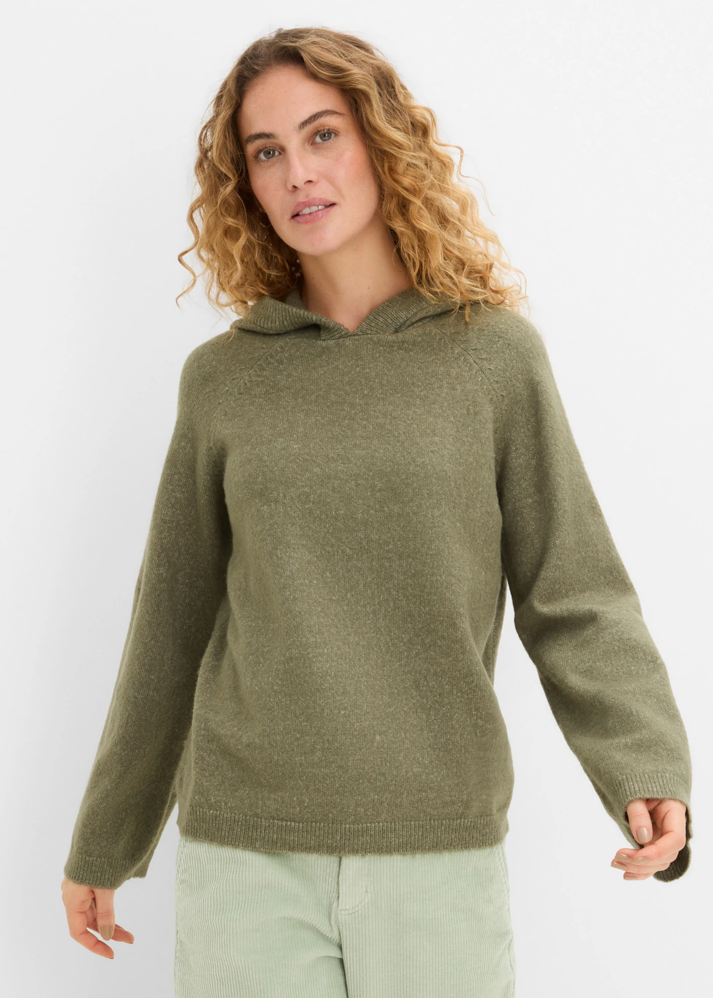 Gebreide hoodie • olijfgroen gemêleerd • bonprix online shop