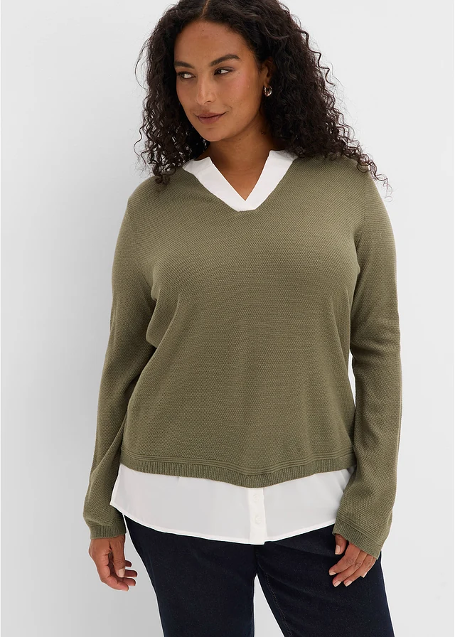 Pull en fine maille avec empiècement chemisier, Couleur: olive-blanc