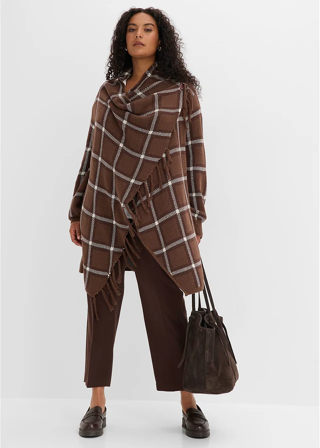 Gilet long en maille à franges, Couleur: marron carreaux