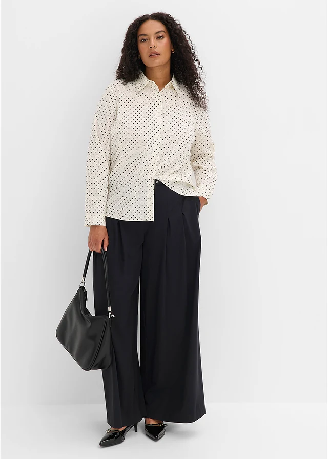 Overhemdblouses met katoen (set van 2), Kleur: zwart effen en wolwit/zwart gestippeld