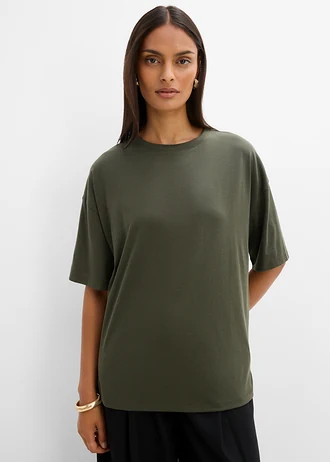 Luźny T-shirt z mieszanki bawełny • głęboki oliwkowy • sklep bonprix