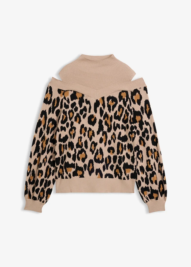 Schouderloze trui, Kleur: amandelbeige-zwart met luipaardprint
