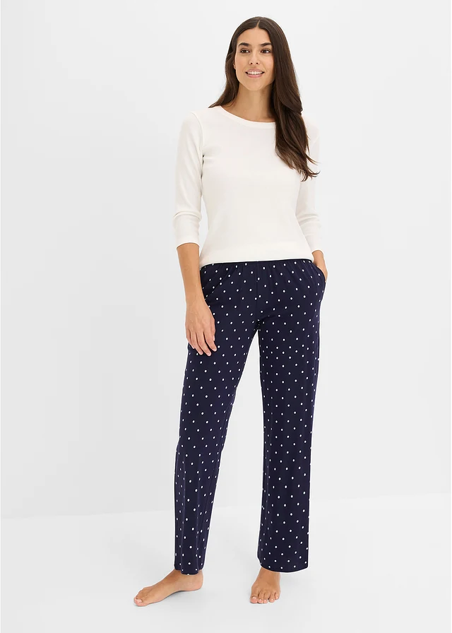 Lange pyjamabroek van zuiver katoen (set van 2) • maritiemblauw+lichtgrijs gemêleerd gestippeld • bonprix online shop