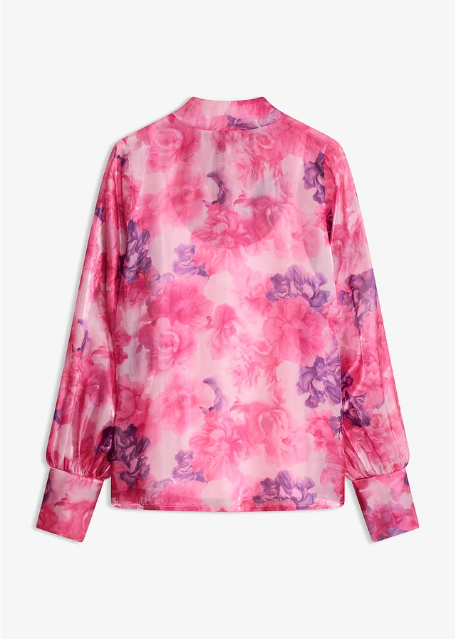 Blouse met strik, Kleur: paars gebloemd