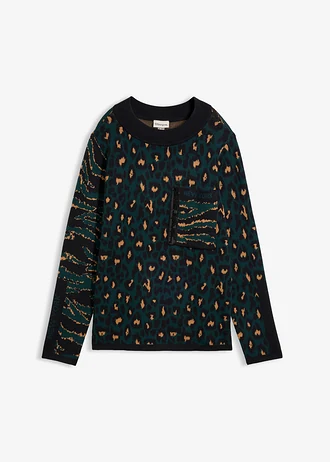 Sweter z cienkiej dzianiny ze wzorem w panterkę • ciemnozielony w panterkę • sklep bonprix