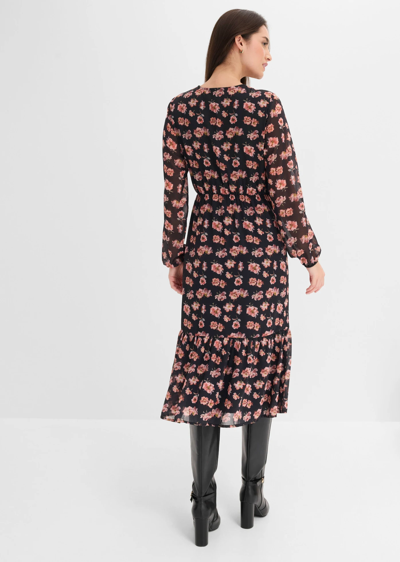 Chiffon midi jurk met print • zwart gebloemd • bonprix online shop