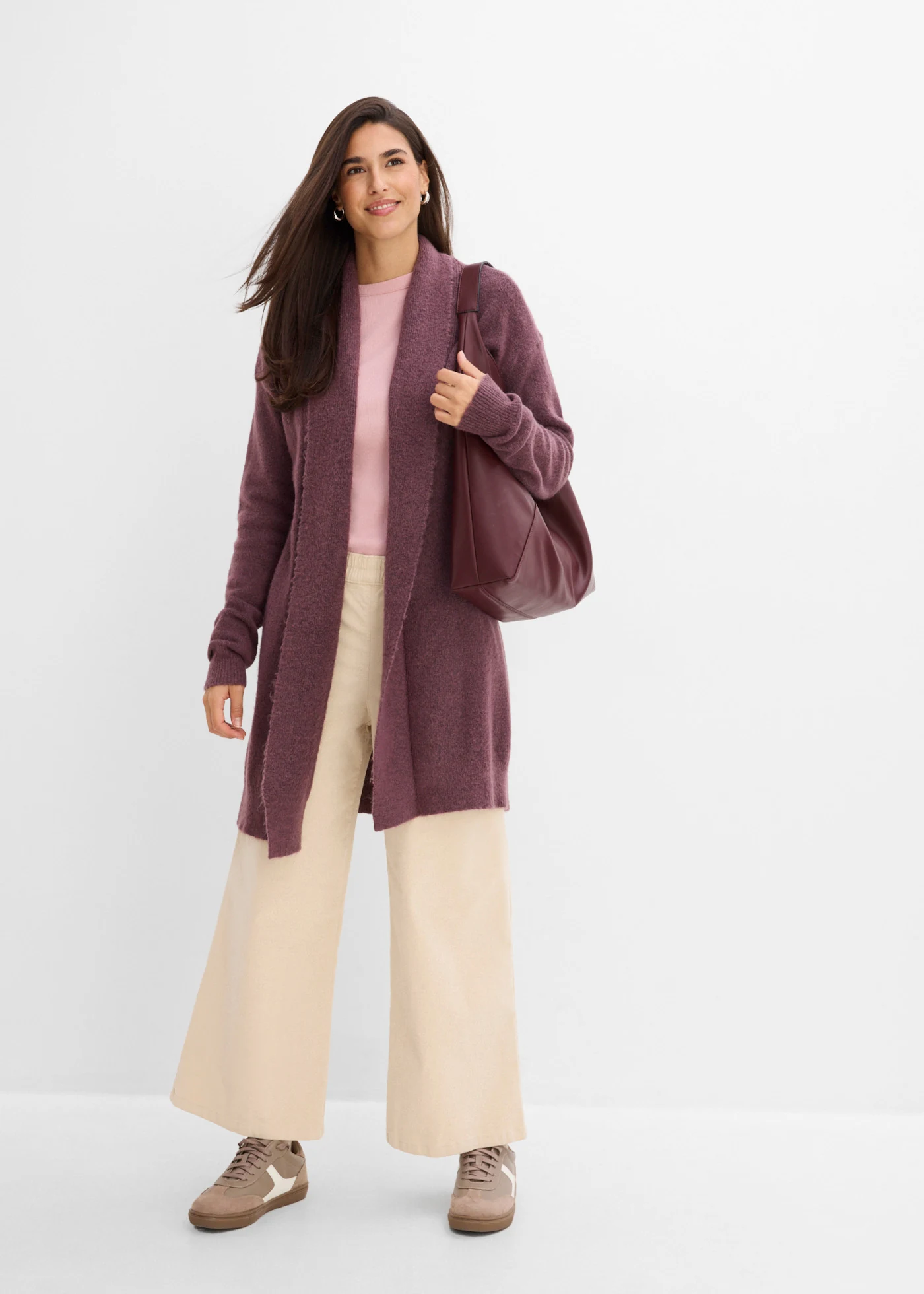Gilet long en maille à col châle • marron chocolat chiné • Boutique bonprix