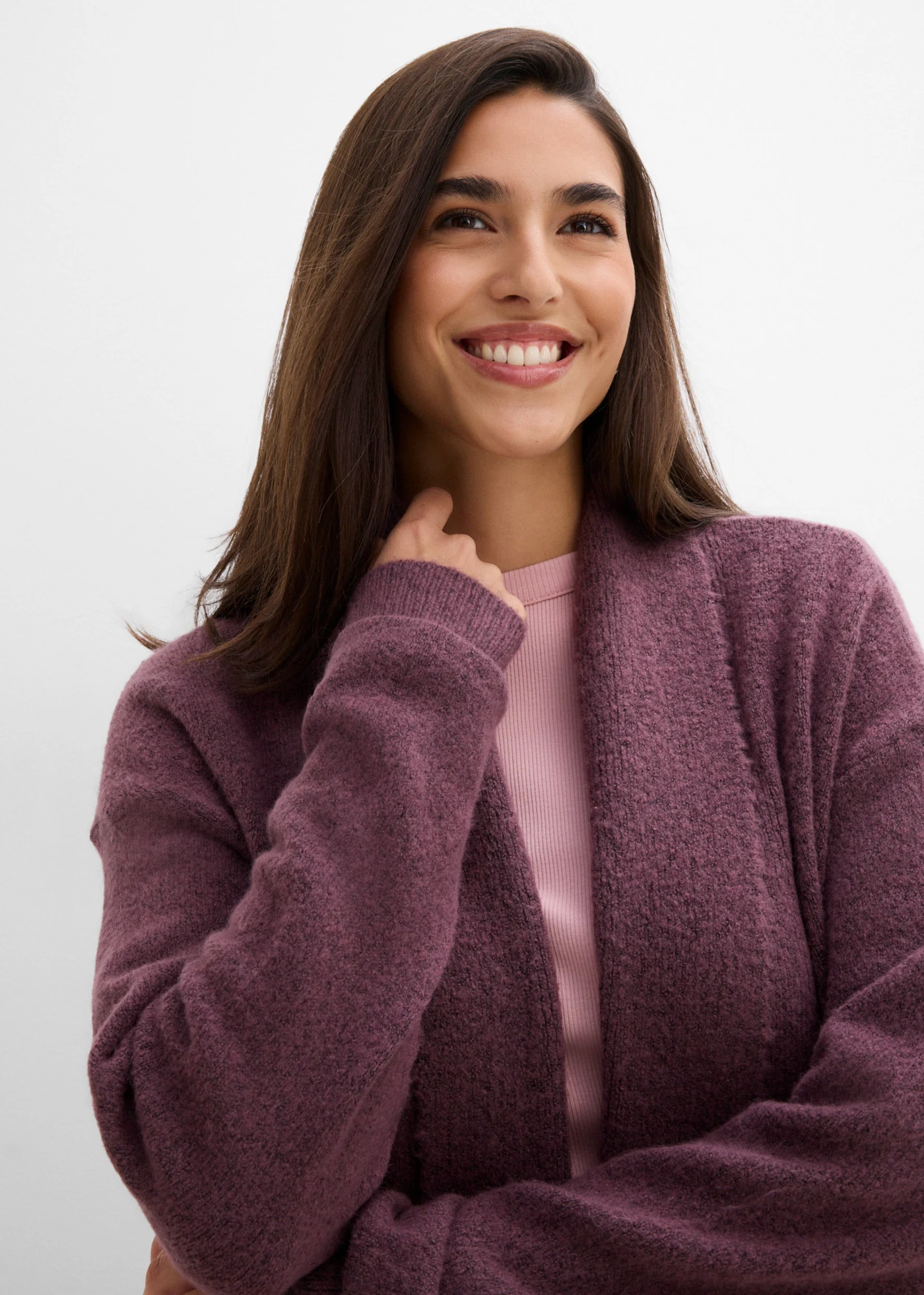 Gilet long en maille à col châle • marron chocolat chiné • Boutique bonprix