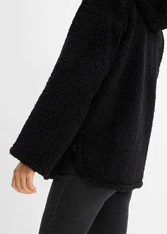 Bluza rozpinana z polaru baranka, rozszerzana ku dołowi, z rozcięciami po bokach • czarny • sklep bonprix