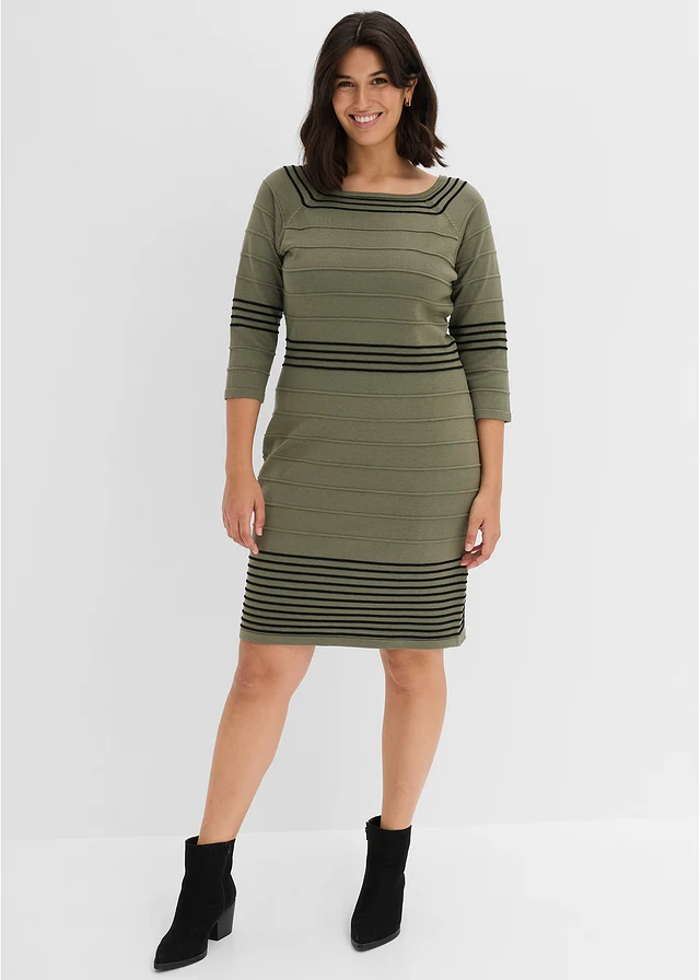 Rochie tricotată din amestec moale cu viscoză, culoare: oliv-negru dungat