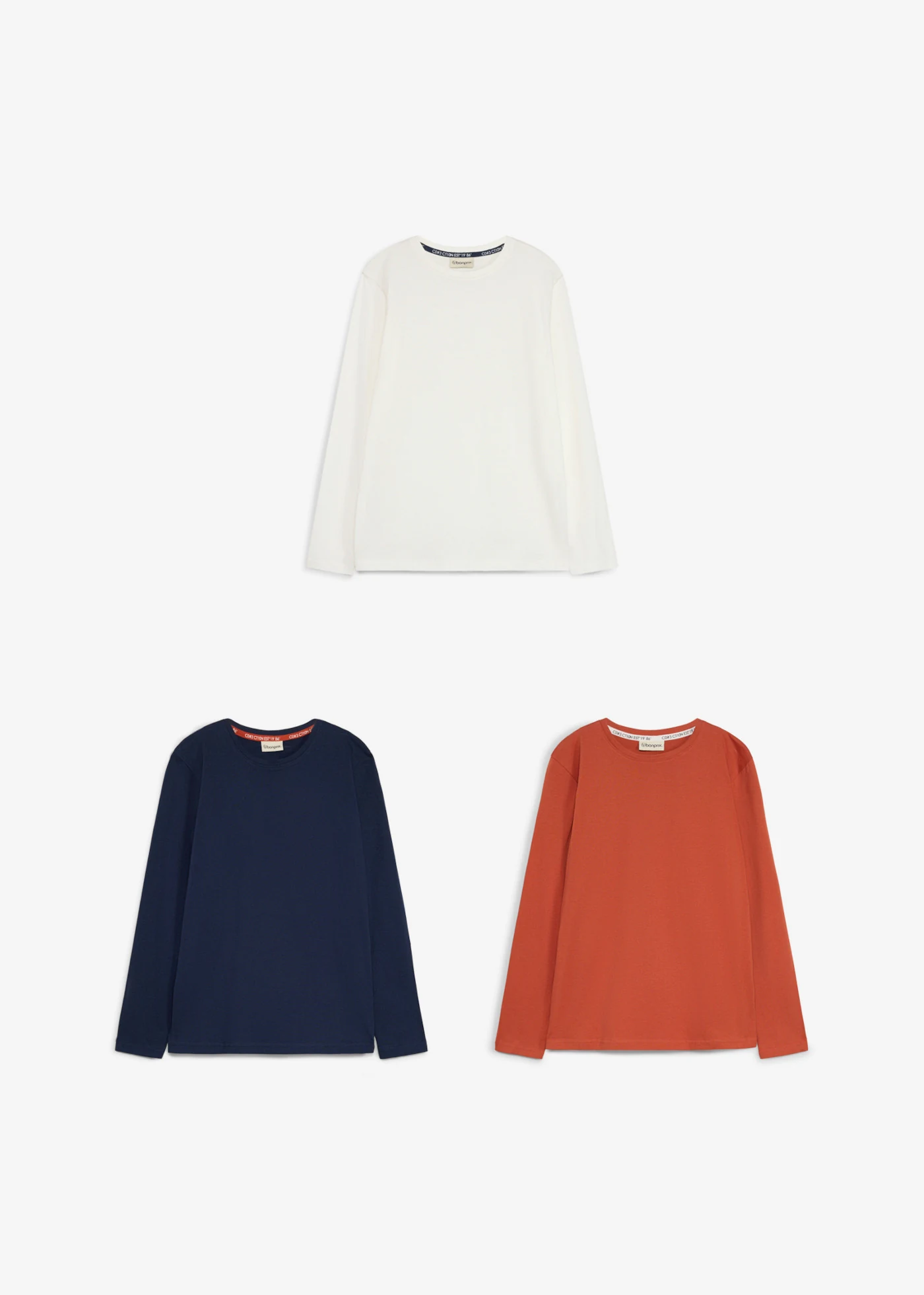 Longsleeve met biologisch katoen (set van 3) • donkerblauw+kwartsrood+wolwit • bonprix online shop
